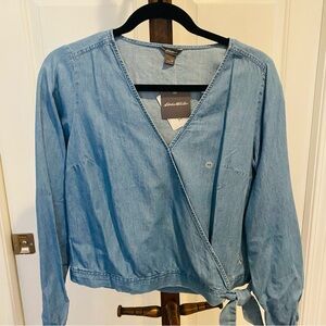 Eddie Bauer Chambray Tranquil Tencil Wrap Boxy Long Sleeve Blouse Womens XS Blue